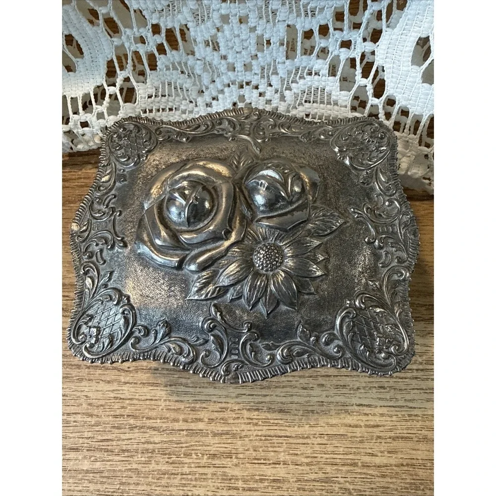 Vintage Jewelry Box Silver Tone Floral Roses Red Lining Trinket Footed Japan 5